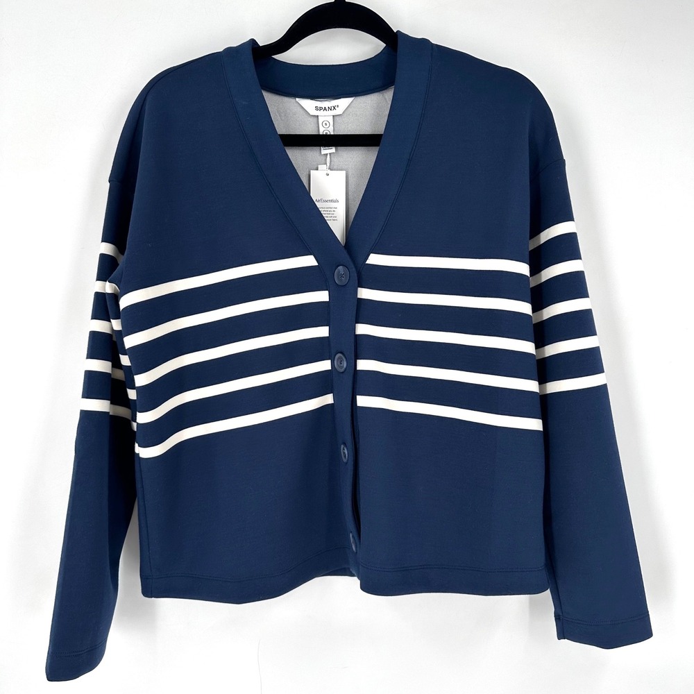 NWT SPANX AirEssentials Cardigan Navy Stripe Button Front Long Sleeve Size‎ S - Picture 2 of 9